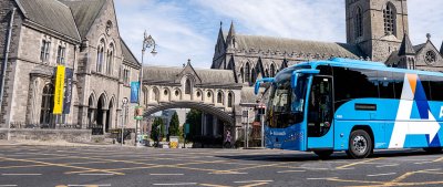 Airport bus in Dublin City Centre outside Christchurch Cathedral aircoach bus at christ church dublin
