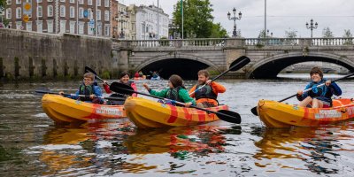 City Kayaking in Liffey Pic by Dylan Vaughan ICP Three kayaks near O'Connell Street, Dublin, Ireland