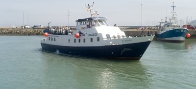 Dublin Bay Cruises blue and white boat sitting at howth harbour