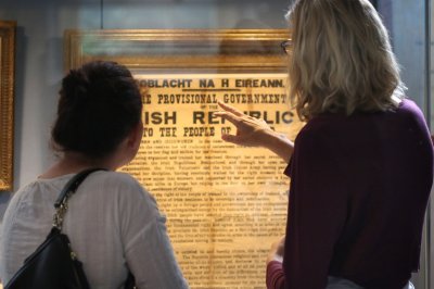 National Print Museum  two women looking at the 1916 proclamation