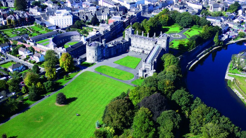 Kilkenny Castle Day Tour Aerial view of Kilkenny Castle and grounds, kilkenny city, and river nore